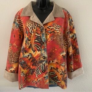 Chicos Orange Animal Print Soft Fur Suede Button Up Fall Jacket Size 2 (L) 12/14